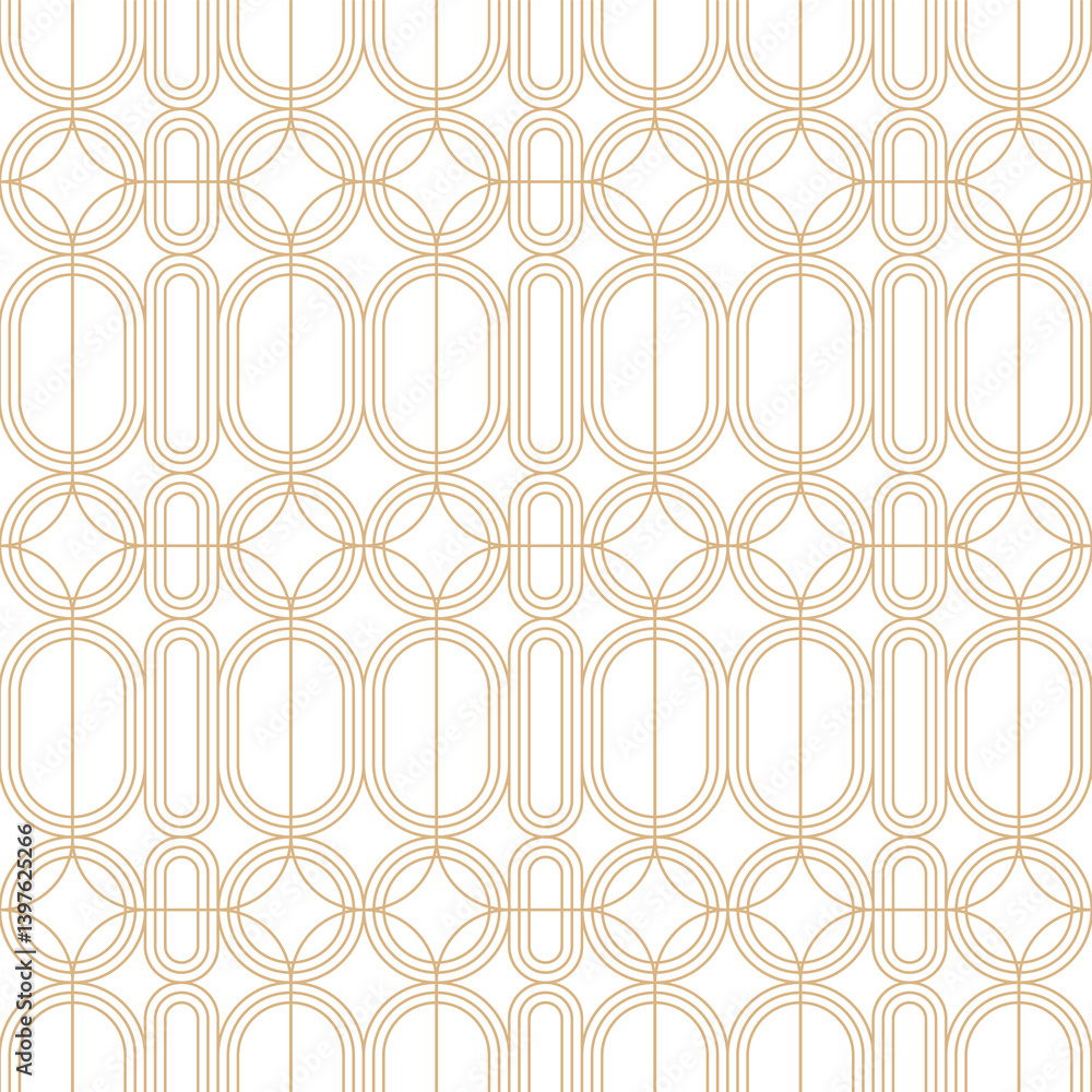 Mid century modern geometric seamless pattern. Gold linear ovals and circles on white luxury art deco background.