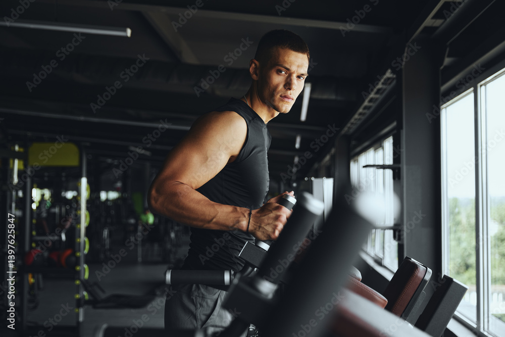 Handsome and muscular bodybuilder stands ready at the parallel bars, preparing for an intense and challenging workout that will push his strength and endurance to the limit Handsome and muscular bodybuilder stands ready at the parallel bars, preparing for an intense and challenging workout that will push his strength and endurance to the limit