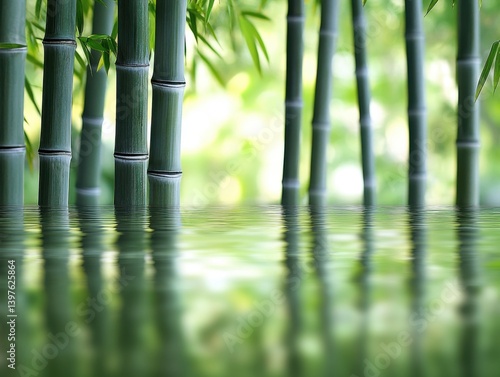 Bamboo forest reflected in still pond with zen composition and copy space on left