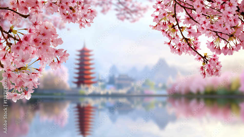 serene landscape featuring cherry blossoms full bloom, framing tranquil lake with traditional pagoda background. soft colors serene landscape featuring cherry blossoms full bloom, framing tranquil lake with traditional pagoda background. soft colors