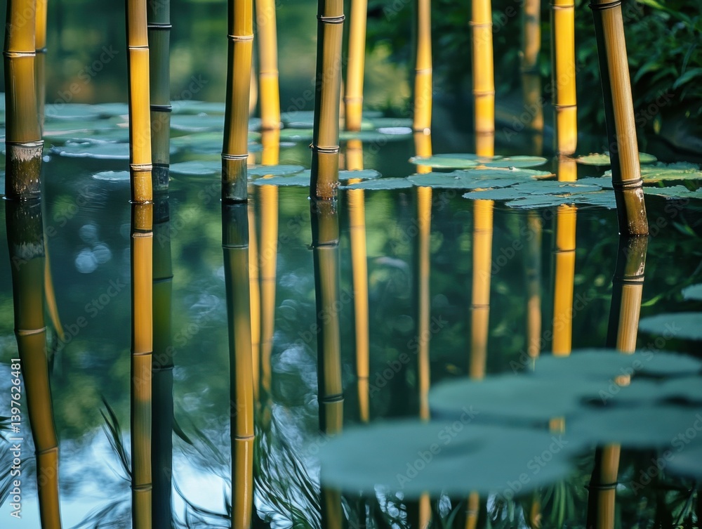 Bamboo forest reflected in still pond with zen composition and copy space on left