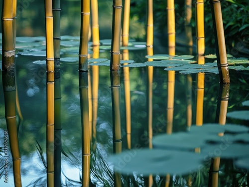 Obraz na płótnie Bamboo forest reflected in still pond with zen composition and copy space on left w salonie