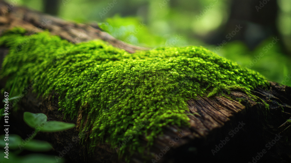 Lush green moss on log, forest floor, nature background, wallpaper Lush green moss on log, forest floor, nature background, wallpaper