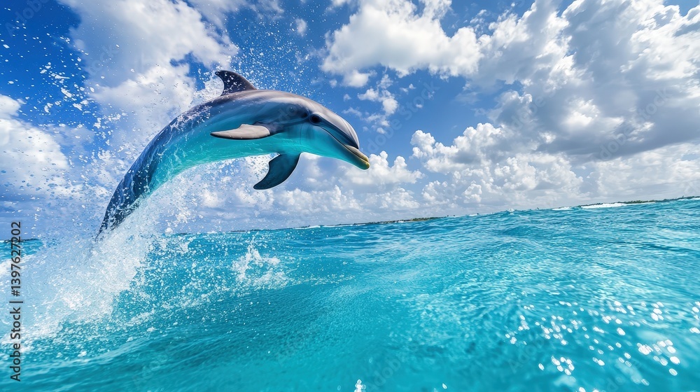 Fototapeta premium A playful dolphin leaping out of the crystal-clear ocean, creating a splash under the bright blue sky