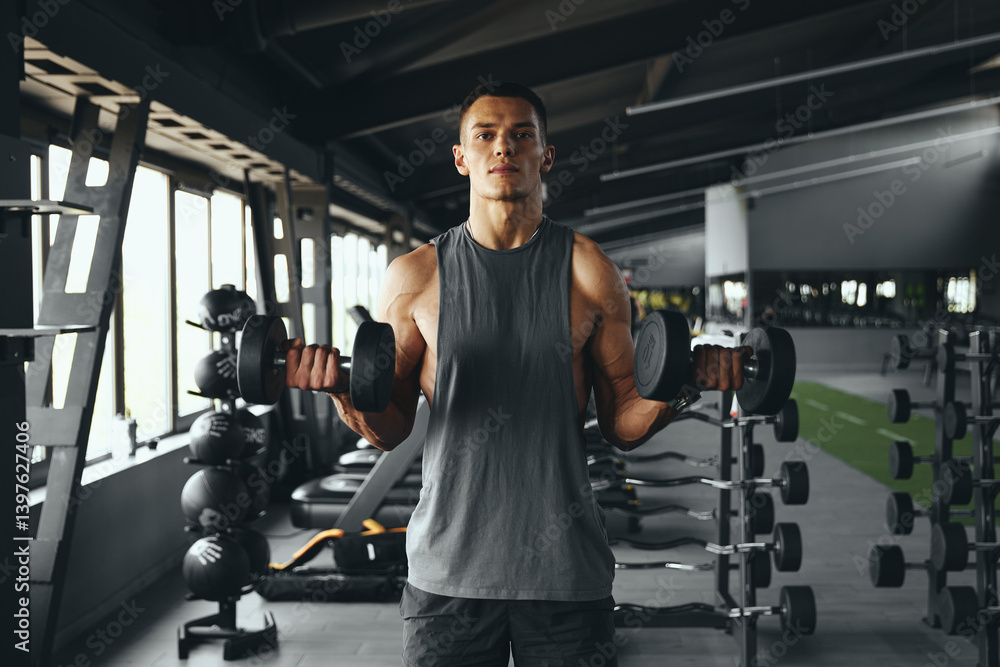 Front view of athletic bodybuilder man in sportswear training biceps muscles with dumbbells at modern gym. Bodybuilding, fitness and health care concept. Front view of athletic bodybuilder man in sportswear training biceps muscles with dumbbells at modern gym. Bodybuilding, fitness and health care concept.