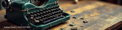 Vintage typewriter with keys scattered on a wooden table, vintage typewriter, paper