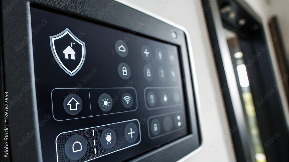 Fototapeta premium Smart home security control panel with various functions displayed.