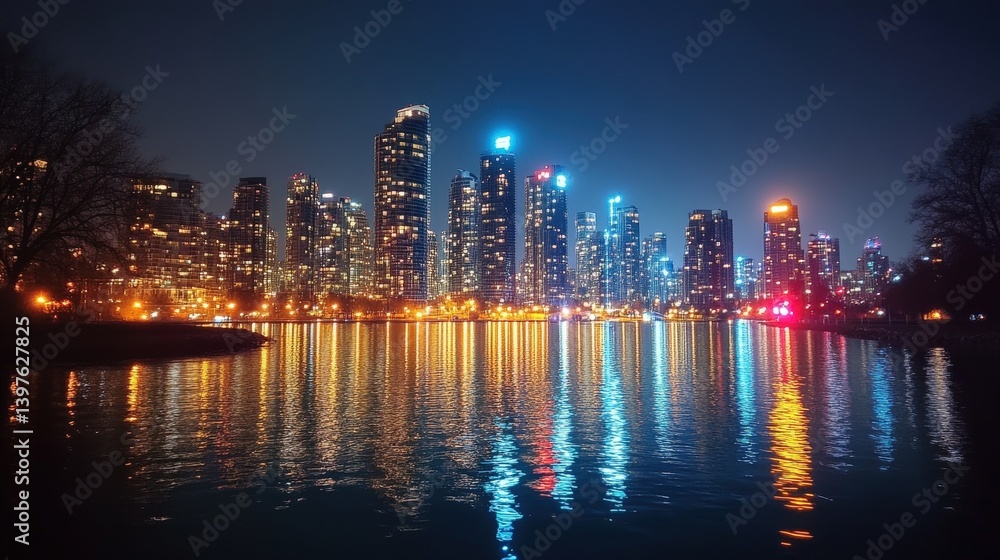 Fototapeta premium A smartphone capturing a stunning cityscape photo at night, with bright lights and reflections