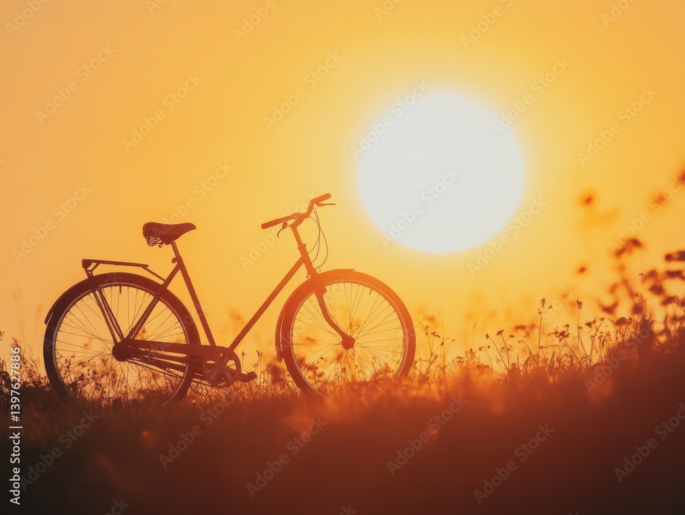 Bicycle against yellow sun with warm lighting and space for branding