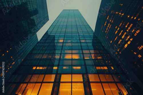 Wallpaper Mural Modern glass skyscraper, geometric patterns, illuminated office windows, dusk lighting, warm orange glow Torontodigital.ca