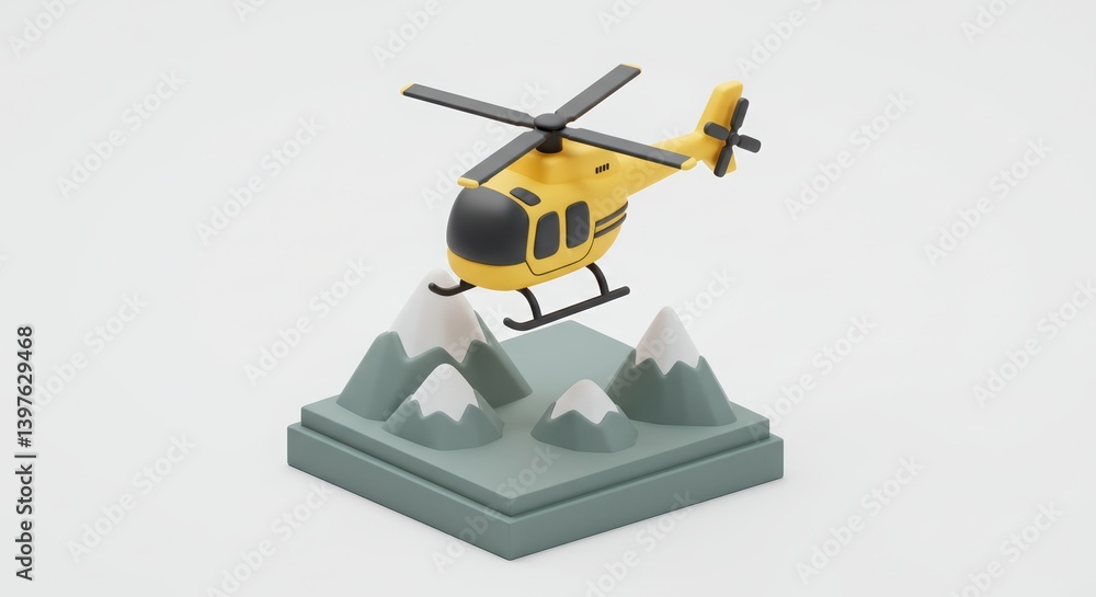 Yellow Helicopter Flying Over Small Mountain Landscape Against a White Backdrop Yellow Helicopter Flying Over Small Mountain Landscape Against a White Backdrop