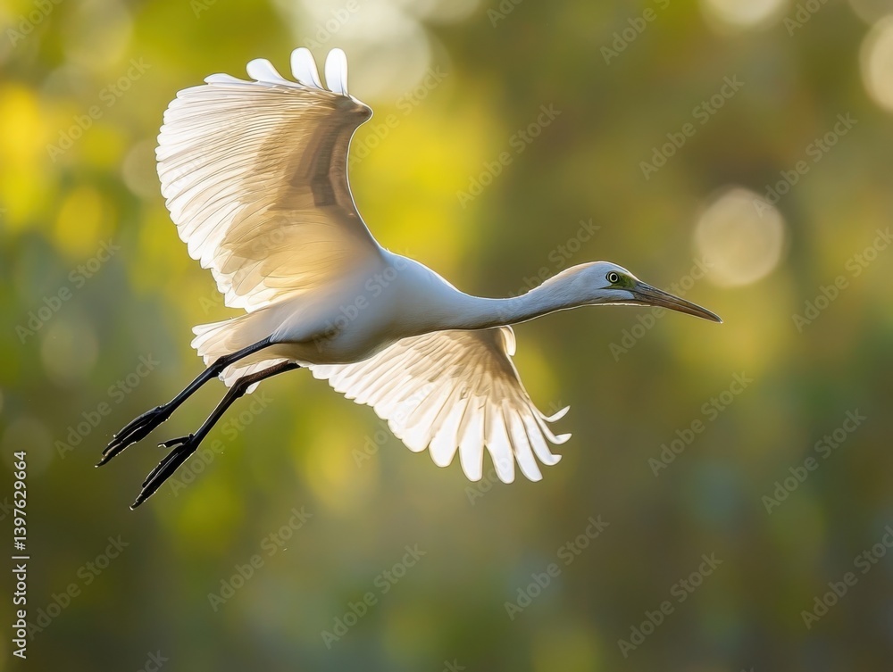 Bird in flight in hexagonal framing with natural sunlight and space for text