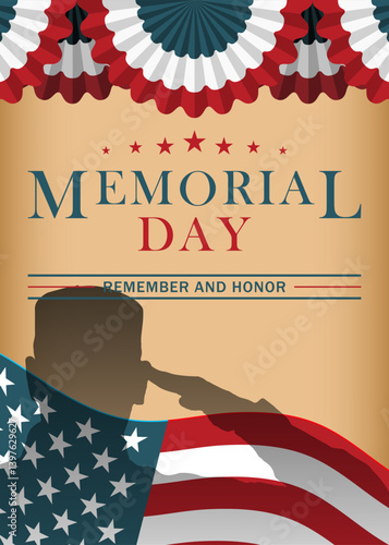 Memorial Day design with saluting soldiers and US national flag. Memorial Day flyer. Remember and honor. Vector illustration.