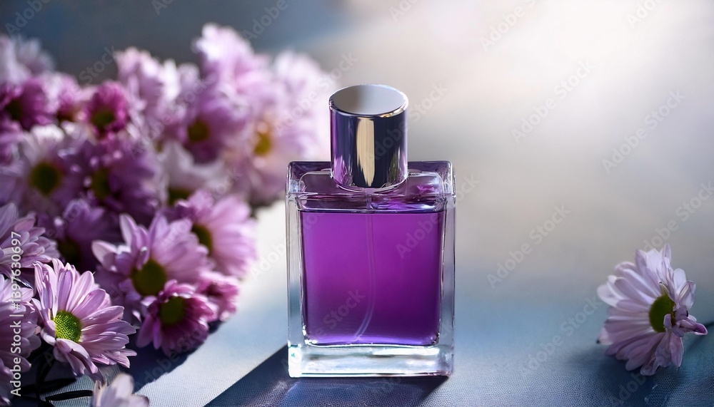 Top View of Elegant Blank Perfume Bottle Mockup with Purple Liquid in a Cool Temperature. Perfume with Flower Background and Natural Daylight. Top View of Elegant Blank Perfume Bottle Mockup with Purple Liquid in a Cool Temperature. Perfume with Flower Background and Natural Daylight.