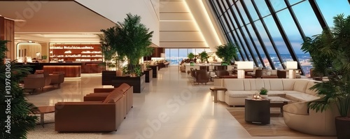 Tranquil airport lounge with natural elements like plants, wooden furniture, and relaxing lighting, creating a calming environment for travelers.