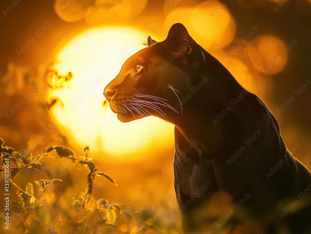 Black panther against yellow sun with space for branding