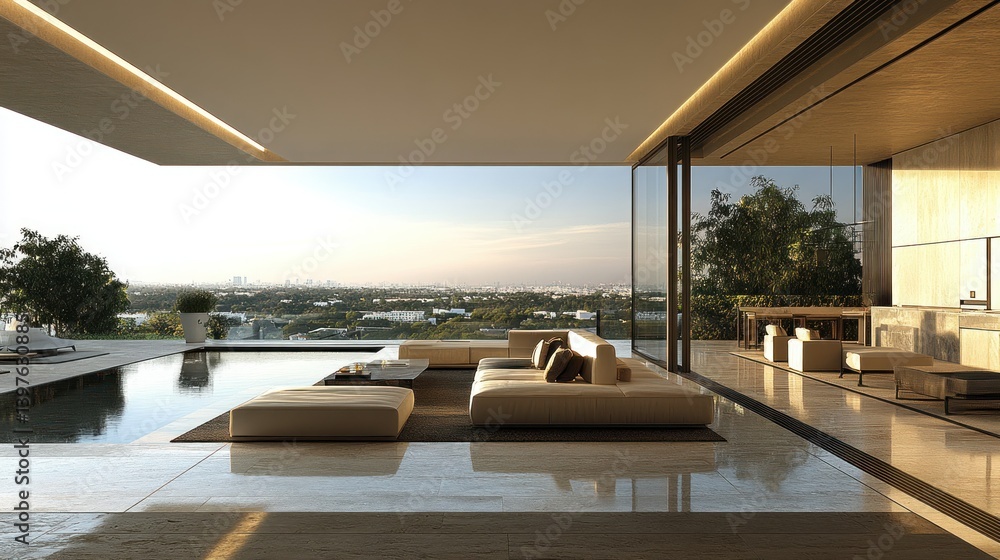 Fototapeta premium Modern open-plan living space with panoramic city views