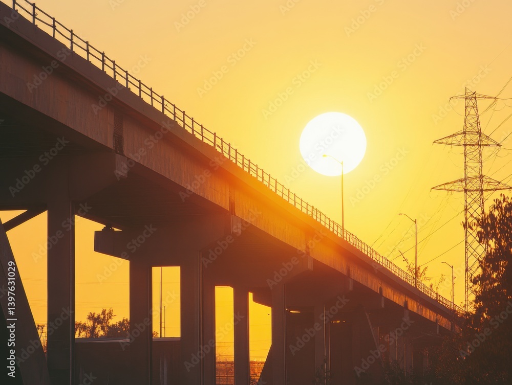 Bridge against large yellow sun with architectural beauty, golden hour and copy space on left