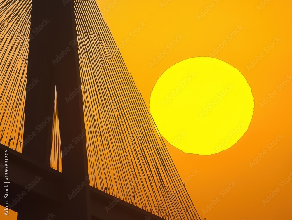 Bridge against large yellow sun with architectural beauty, golden hour and copy space on left