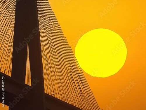 Obraz na płótnie Bridge against large yellow sun with architectural beauty, golden hour and copy space on left w salonie