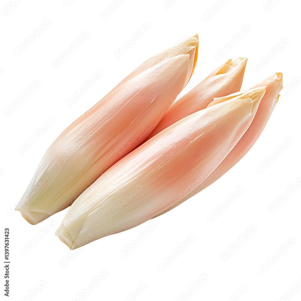 A bundle of pink and white chicory endives is placed diagonally and shown in sharp focus on a clean transparent background with a smooth fresh appearance