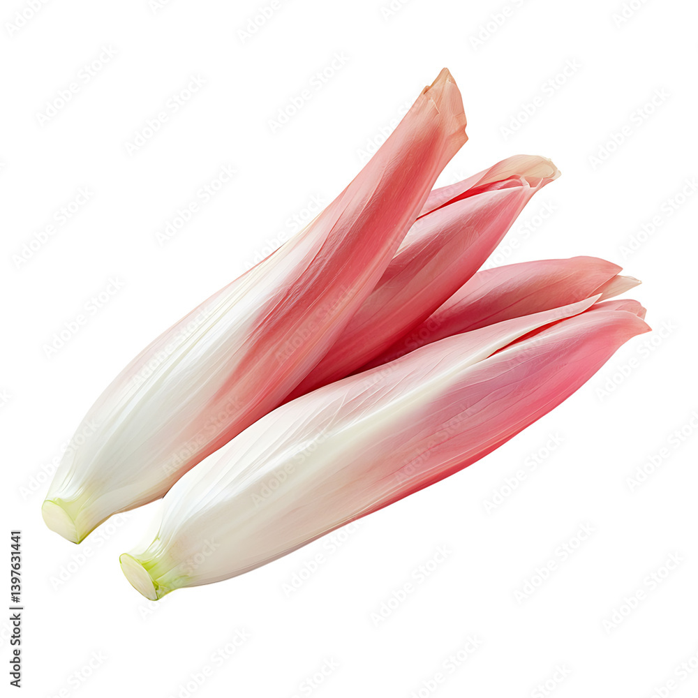 A bundle of pink and white chicory endives is placed diagonally and shown in sharp focus on a clean transparent background with a smooth fresh appearance