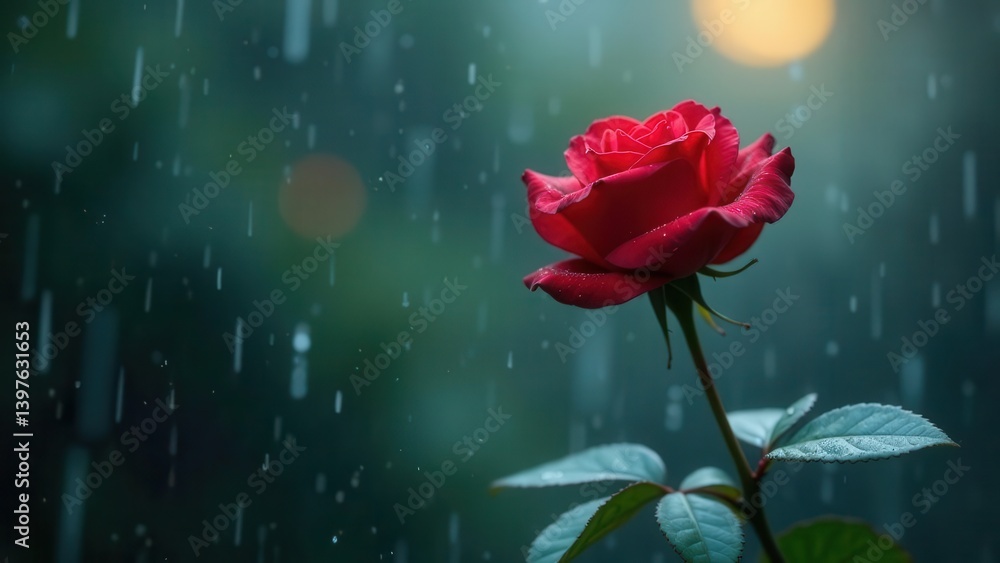 Fototapeta premium A single red rose blooms serenely amidst a gentle rainfall, its petals glistening with the droplets, a captivating image of nature's beauty in the rain.