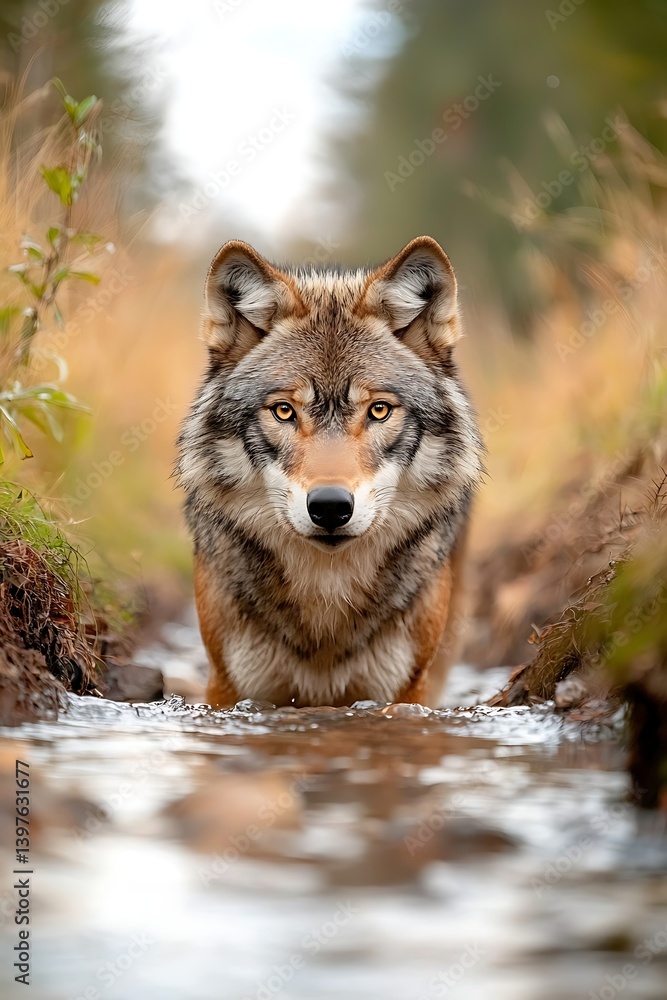 Fototapeta premium Wolf in Stream, Autumn Woods
