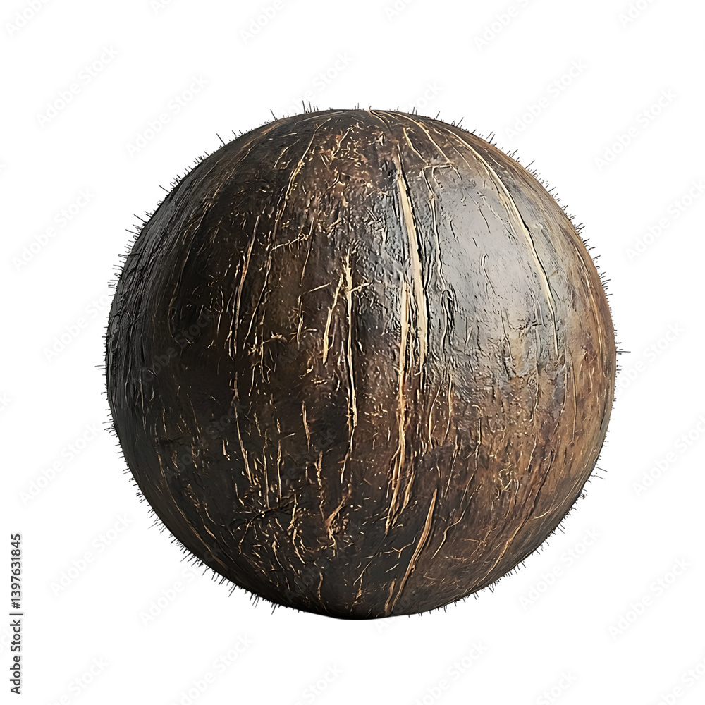 A rough textured whole brown coconut is shown centered on a clean transparent background with realistic detail and natural surface patterns clearly visible