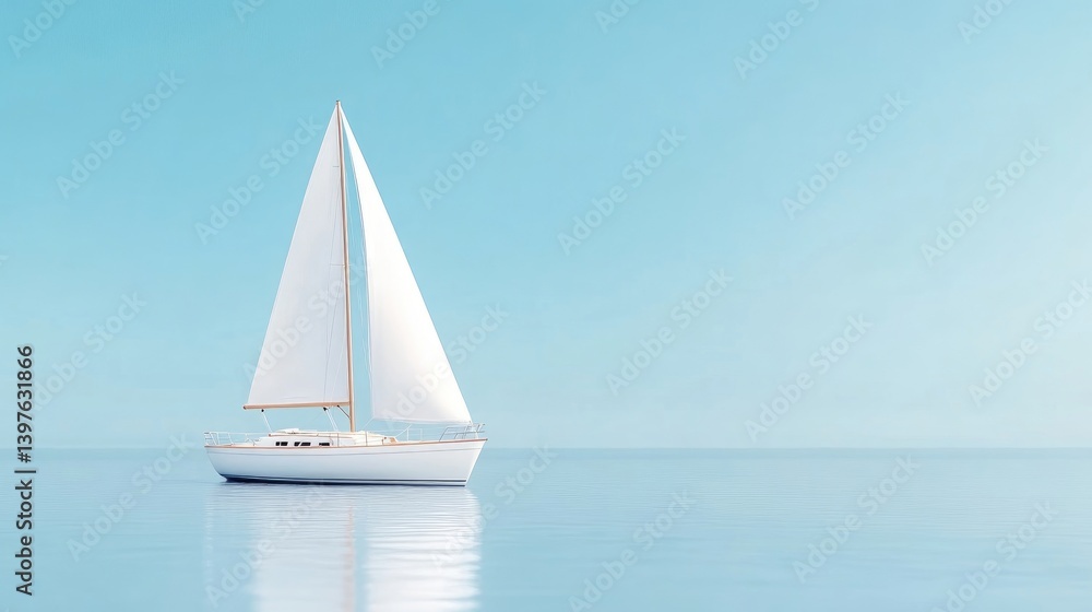 Obraz premium Sailboat on Calm Sea Minimalist Style High-Definition Rendering Wide Shot, Smooth Surface, Peaceful Sailing, Ocean Horizon, Light Blue Serenity, Perfect for Travel Ads