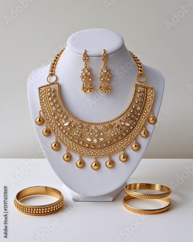 A gold tone bib necklace and bangle jewelry set in plain white background