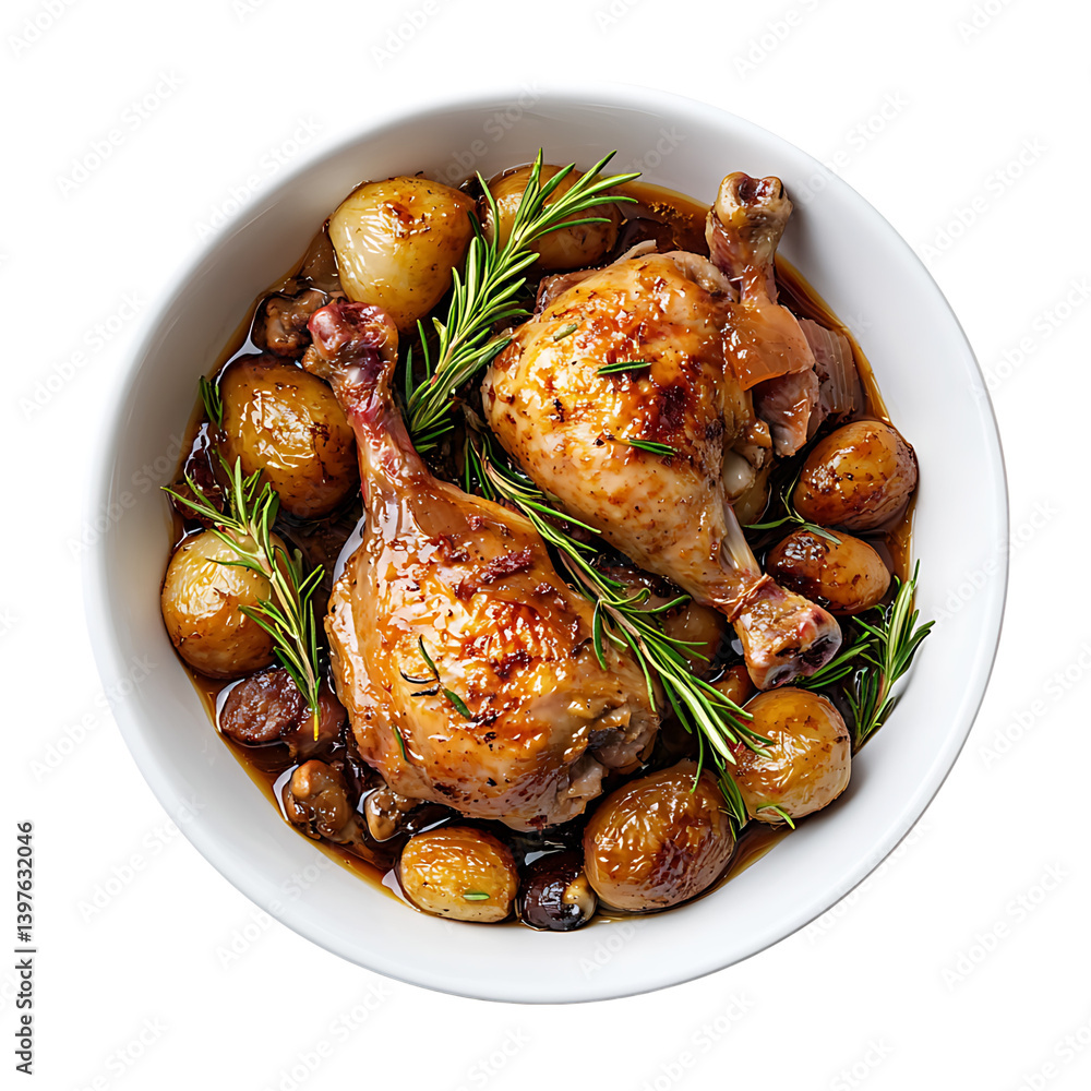 A savory French coq au vin chicken stew with drumsticks mushrooms onions and herbs is served in a brown ceramic pot on a clean transparent background