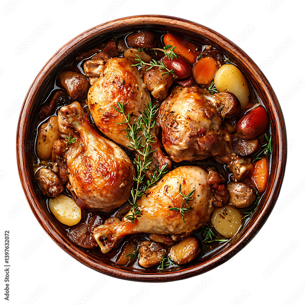 A savory French coq au vin chicken stew with drumsticks mushrooms onions and herbs is served in a brown ceramic pot on a clean transparent background