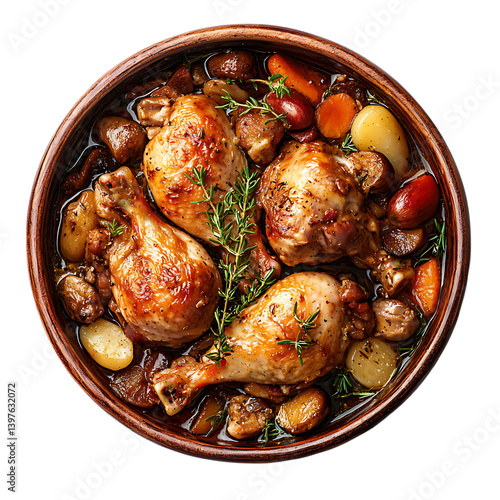 A savory French coq au vin chicken stew with drumsticks mushrooms onions and herbs is served in a brown ceramic pot on a clean transparent background