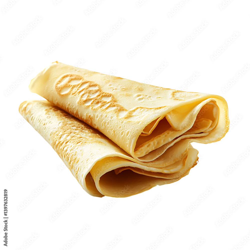 A soft golden brown crepe folded neatly into layers is displayed with detailed texture on a clean transparent background in a realistic high quality food mockup