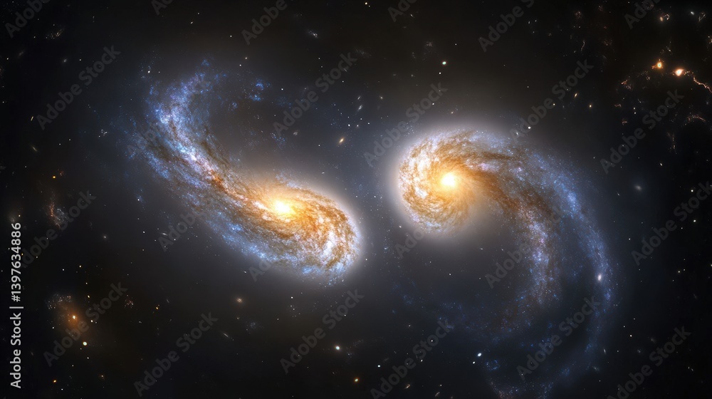 Fototapeta premium A spectacular twin galaxy system, with two galaxies locked in gravitational orbit around each other