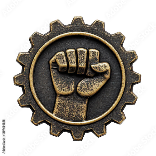 Vintage style badge with gear and raised fist combo , Transparent Image , May Day illystration