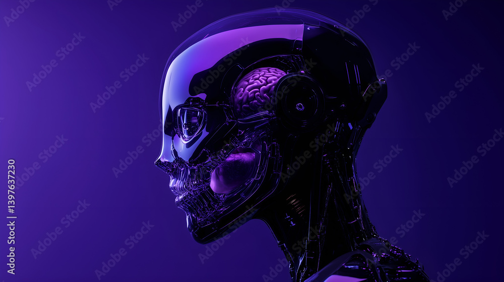 Cybernetic Elegance: A striking portrait of a sleek, advanced robotic form, its surface shimmering in a deep purple glow. Cybernetic Elegance: A striking portrait of a sleek, advanced robotic form, its surface shimmering in a deep purple glow.