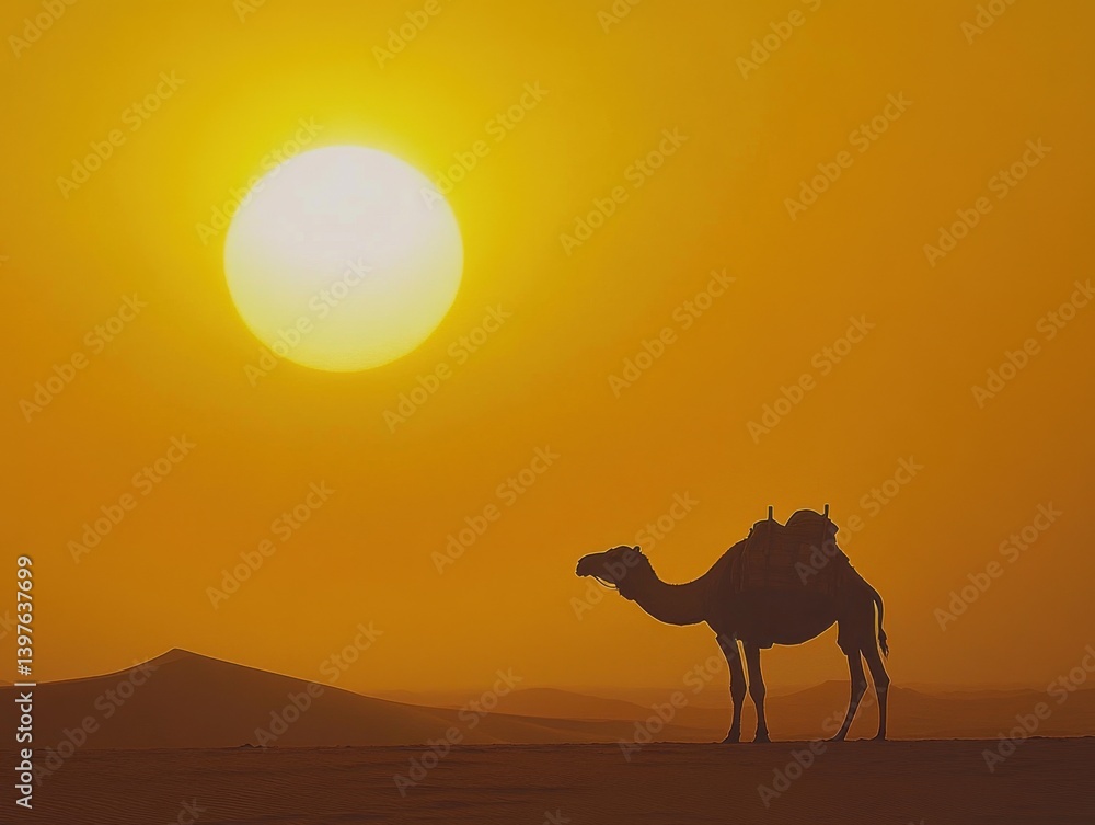 Camel with large yellow sun and desert scene Camel with large yellow sun and desert scene