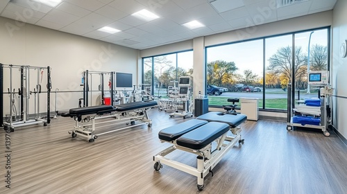 Modern physiotherapy room with equipment and view of parking lot