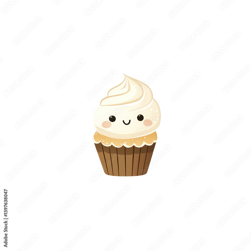 Cute cartoon cupcake with a smiling face, topped with creamy frosting, on a white isolated background. Cute cartoon cupcake with a smiling face, topped with creamy frosting, on a white isolated background.