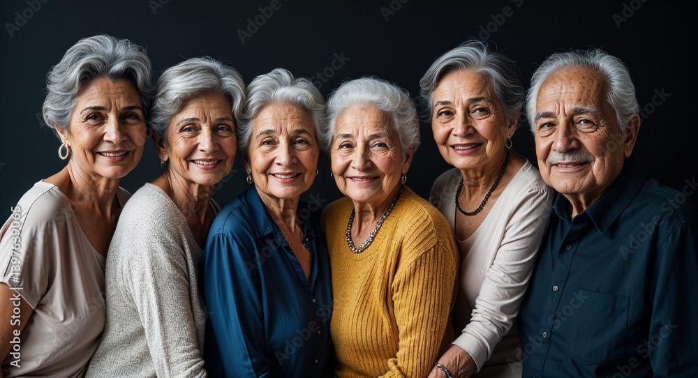 latin Hispanic elderly friend group on black plain bright background modern chic fashion pose model portrait portrait banner with copy space ad concept marketing latin Hispanic elderly friend group on black plain bright background modern chic fashion pose model portrait portrait banner with copy space ad concept marketing