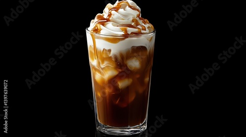 A refreshing iced coffee with whipped cream and caramel drizzle, served in a tall glass