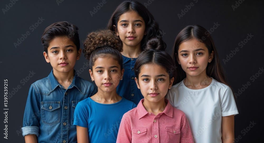 latin Hispanic kids children group on black plain bright background modern chic fashion pose model portrait portrait banner with copy space ad concept marketing