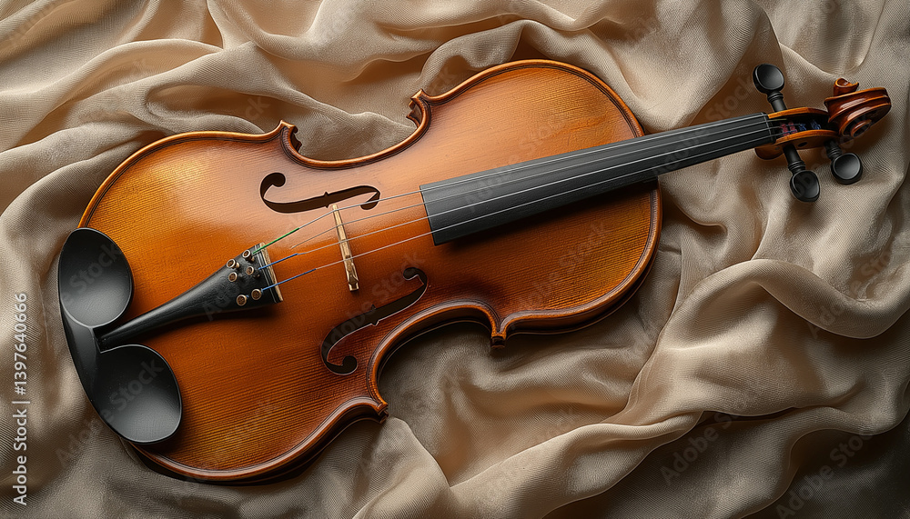 Obraz premium High-angle, close-up view of a polished wooden violin resting on a beige silk or satin fabric with soft, draped folds.