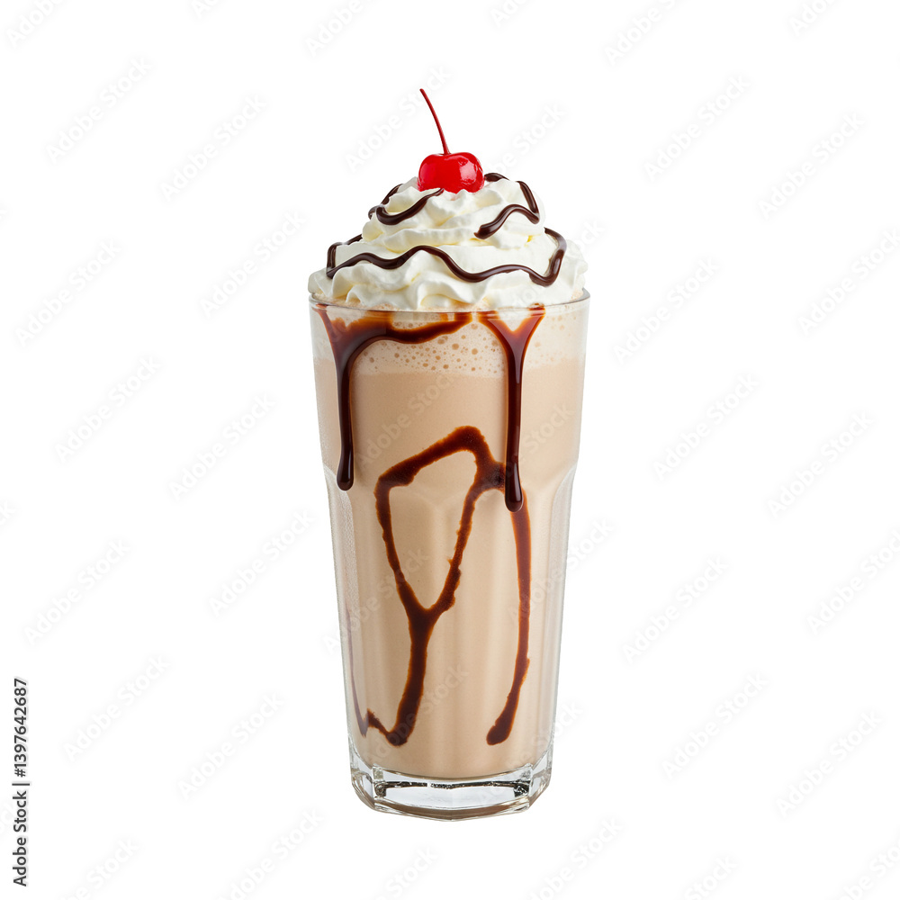 Chocolate milkshake with whipped cream and cherry on top isolated on a transparent background Chocolate milkshake with whipped cream and cherry on top isolated on a transparent background