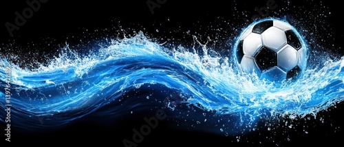 A soccer ball immersed in a dynamic wave of blue water