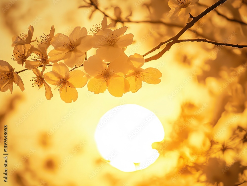Cherry blossom tree against yellow sun with negative space above