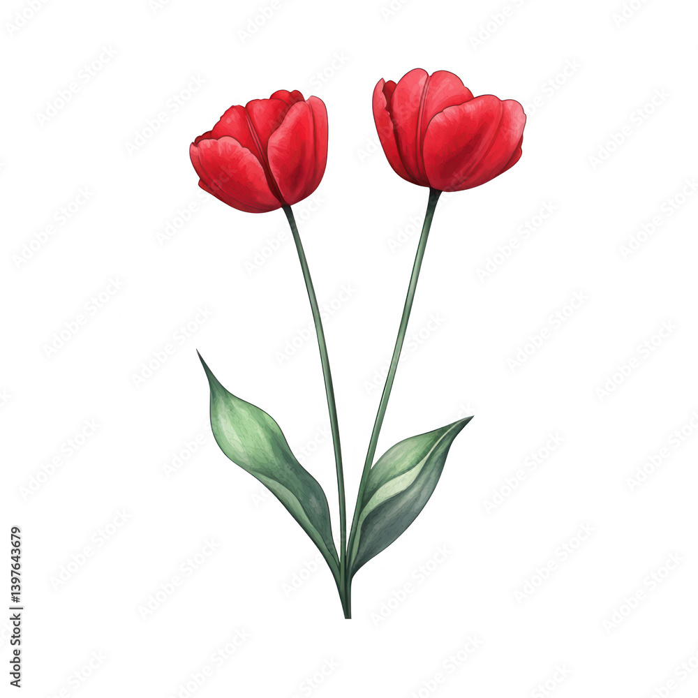 Red tulips with lush green leaves, elegantly arranged. Perfect for floral designs, decorations, and artistic projects, showcasing nature's beauty.