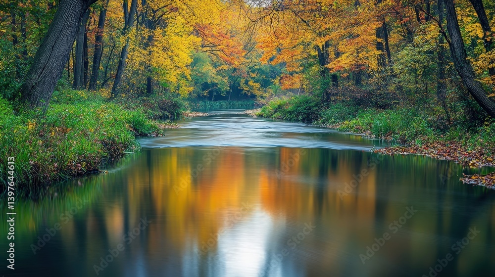 A river flowing gently through a peaceful forest, reflecting the colors of the surrounding trees. A river flowing gently through a peaceful forest, reflecting the colors of the surrounding trees.
